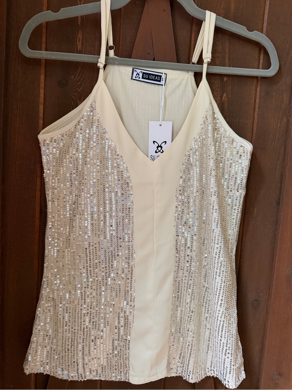 Cream Sequin V-Neck Tank Top